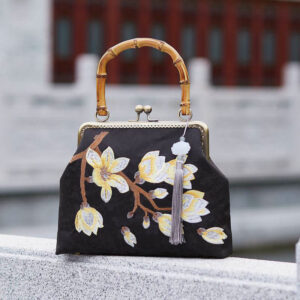 Buddha Stones Plum Blossom Embroidery Bamboo Handle Handbag Crossbody Bag Crossbody Bag&Handbags BS Plum Blossom Black 23*7*26cm