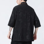 Buddha Stones Peach Blossom Bamboo Leaves Frog-button Chinese Half Sleeve Shirt Men T-shirt T-shirt BS 2