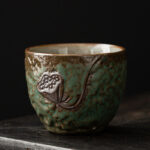 Buddha Stones Lotus Pod Leaf Flower Auspicious Clouds Ceramic Teacup Kung Fu Tea Cup Cup BS Green Lotus Pod 6.6cm*5.4cm*110ml