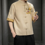 Buddha Stones Frog-Button Chinese Dragon Auspicious Cloud Embroidery Half Sleeve Shirt Cotton Linen Men Clothing Men's Shirts BS 30