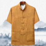 Buddha Stones Mountains Trees Tang Suit Hanfu Traditional Uniform Short Sleeve Top Pants Clothing Men's Set Men's Meditation Cloth BS Yellow Top 44/4XL
