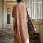 Buddha Stones Handmade Tie Dye V-Neck Midi Dress Linen Short Sleeve Dress 12