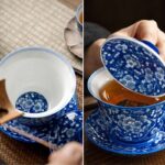 Buddha Stones Plum Blossom Blue And White Porcelain Ceramic Gaiwan Sancai Teacup Kung Fu Tea Cup And Saucer With Lid 185ml Cup BS 10