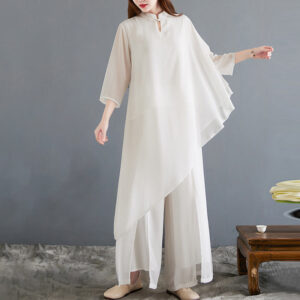 Buddha Stones 2Pcs Three Quarter Sleeve Irregular Design Shirt Wide Leg Pants Meditation Chiffon Women's Set Women's Meditation Cloth BS 2XL(Fit for US12; UK/AU16; EU44)