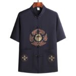 Buddha Stones Fu Character Tang Suit Hanfu Traditional Uniform Short Sleeve Top Pants Clothing Men's Set Men's Meditation Cloth BS 19