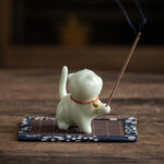 Buddha Stones Mini Lucky Cat Kitten Tea Pet Ceramic Home Desk Figurine Decoration With Bamboo Mat Decorations BS Green Kitten 6.2cm*3.2cm*5.6cm