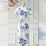 Buddha Stones Blue And White Porcelain Color Peony Flower Pattern Cheongsam Dress Women's Qipao Dress Cheongsam Dresses BS 13