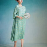 Buddha Stones Small Flower Leaf Jacquard Chinese Cheongsam Qipao Midi Dress With Pockets Cheongsam Dresses BS 5