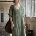 Buddha Stones Handmade Tie Dye V-Neck Midi Dress Linen Short Sleeve Dress 3