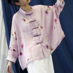 Buddha Stones Pink Flower Print Frog-button Design Batwing Long Sleeve Ramie Linen Jacket Shirt Women's Shirts BS 4