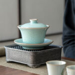 Buddha Stones Retro Green Ice Glaze Ceramic Gaiwan Sancai Teacup Kung Fu Tea Cup And Saucer With Lid Cup BS 6