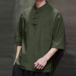 Buddha Stones Men's Chinese Frog-Button Tang Suit Half Sleeve Cotton Linen Shirt Men's Shirts BS 3