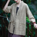 Buddha Stones Hanfu Design Three Quarter Sleeve Ramie Linen Coat Open Front Top Jacket Coat BS 3