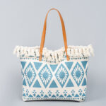 Buddha Stones Large Capacity Boho Geometry Print Tassel Canvas Tote Shoulder Bag Shoulder Bag BS Blue Rhombus 50*10*32cm