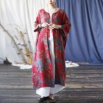 Buddha Stones Red Blue Flowers Print Cotton Three Quarter Sleeve Open Front Jacket Coat 11