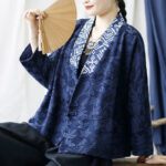 Buddha Stones Flower Jacquard V-Neck Long Sleeve Jacket 36