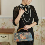 Buddha Stones Flower Pattern Bamboo Handle Metal Chain Crossbody Bag Handbags Crossbody Bag&Handbags BS 2
