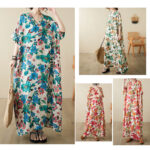 Buddha Stones Red Blue Green Flowers Midi Dress Cotton Half Sleeve Dress With Pockets Midi Dress BS 14