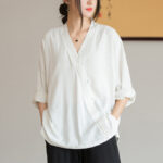 Buddha Stones V-Neck Blouse Women Shirt Long Sleeve Top Chinese Hanfu Style Clothing Long Sleeve Shirt BS White(Bust 128cm)(Top Only)