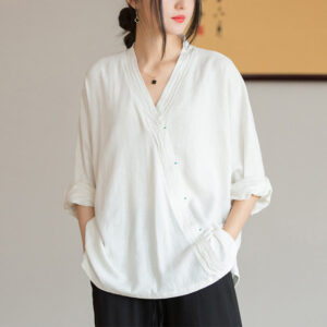 Buddha Stones V-Neck Blouse Women Shirt Long Sleeve Top Chinese Hanfu Style Clothing Long Sleeve Shirt BS White(Bust 128cm)(Top Only)