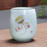 Buddha Stones Koi Fish Lotus Landscape Dandelion Peony Flower Ceramic Teacup Kung Fu Tea Cup Cup BS Yellow Lotus Pod 7.8cm*8.1cm*180ml