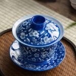 Buddha Stones Plum Blossom Blue And White Porcelain Ceramic Gaiwan Sancai Teacup Kung Fu Tea Cup And Saucer With Lid 185ml Cup BS 11