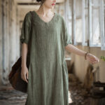 Buddha Stones Handmade Tie Dye V-Neck Midi Dress Linen Short Sleeve Dress 2