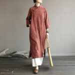 Buddha Stones Flower Jacquard Midi Dress Long Sleeve Cotton Linen Dress Wide Leg Pants With Pockets 35