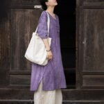 Buddha Stones Handmade Tie Dye Ramie Linen Frog-Button Midi Dress Wide Leg Pants With Pockets Midi Dress&Wide Leg Pants BS 8