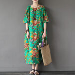 Buddha Stones Red Peony Flowers Printed Midi Dress Half Sleeve Cotton Linen Dress 8