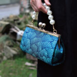 Buddha Stones Vintage Peacock Blue Leaf Pattern Pearl Metal Handbag Handbags BS 1