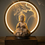 Buddha Stones Buddha Lotus Backflow Smoke Fountain Ceramic Blessing Incense Burner With Light Decoration Incense Burner BS Brown Buddha