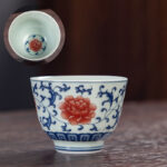 Buddha Stones Blue Landscape Mountains Lotus Cute Cat Pavilions Magnolia Reed Egrets Ceramic Teacup Small Kung Fu Tea Cup Cup BS Red Lotus Flower 6cm*4.5cm*50ml