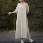 Buddha Stones Solid Color V-Neck Half Sleeve Ramie Linen Midi Dress With Pockets Midi Dress BS 9