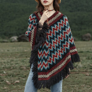 Buddha Stones Tibetan Shawl Striped Knitted Tassels Pullover Winter Cozy Travel Scarf Wrap Tibetan Shawl BS Blue Red Black 60-80cm