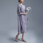 Buddha Stones Small Flower Leaf Jacquard Chinese Cheongsam Qipao Midi Dress With Pockets Cheongsam Dresses BS 11
