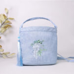 Buddha Stones Embroidery Wisteria Plum Lotus Cherry Blossom Cotton Linen Canvas Tote Crossbody Bag Shoulder Bag Handbag Crossbody Bag BS Light Blue Wisteria 19*20*10cm