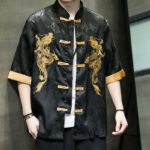 Buddha Stones Frog-Button Chinese Dragon Embroidery Half Sleeve Shirt Linen Men Clothing Men's Shirts BS 10