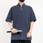 Buddha Stones Chinese Tang Suit Embroidery Half Sleeve Shirt Linen Men Clothing Men's Shirts BS SteelBlue 5XL(Fit for US/UK/AU48; EU58)