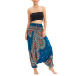 Buddha Stones Two Style Wear Sunflower Loose Smocked Harem Trousers Jumpsuit High Waist Pants Harem Pants BS Green(Waist 60-100cm/Length 105cm)
