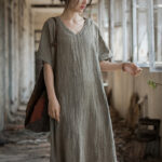 Buddha Stones Handmade Tie Dye V-Neck Midi Dress Linen Short Sleeve Dress 18
