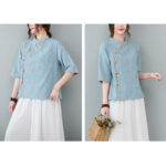 Buddha Stones Floral Pattern Frog-Button Half Sleeve Cotton Linen Shirt Women's Shirts BS 9