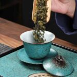 Buddha Stones Traditional Pine Tree Green Ceramic Gaiwan Sancai Teacup Kung Fu Tea Cup And Saucer With Lid Cup BS 10