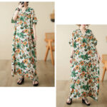 Buddha Stones Red Blue Green Flowers Midi Dress Cotton Half Sleeve Dress With Pockets Midi Dress BS 19