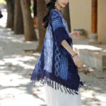 Buddha Stones Blue Stripe Geometry Indigo Dyeing Shawl Tassels Travel Pullover 90*95cm 3