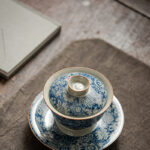 Buddha Stones Vintage Blue And White Porcelain Peach Blossom Lotus Peony Ceramic Gaiwan Sancai Teacup Kung Fu Tea Cup And Saucer With Lid Cup BS 6