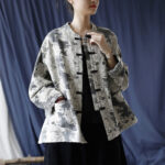 Buddha Stones Black Gray Print Frog-button Design Long Sleeve Cotton Linen Jacket Shirt With Pockets Women's Shirts BS 25