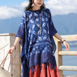 Buddha Stones Blue Flower Indigo Dyeing Shawl Tassels Cozy Pullover 90*95cm 1