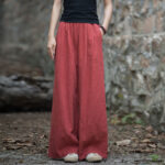Buddha Stones Retro Wide Leg Pants Casual Women's Yoga Pants With Pockets Wide Leg Pants BS Red(Waist 62-100cm/Hips 118cm/Length 98cm)