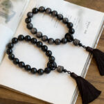 Buddha Stones Natural Silver Sheen Obsidian Black Obsidian Lion Wrist Mala Protection Tassels Pocket Mala Car Decoration Wrist Mala&Decorations BS 14